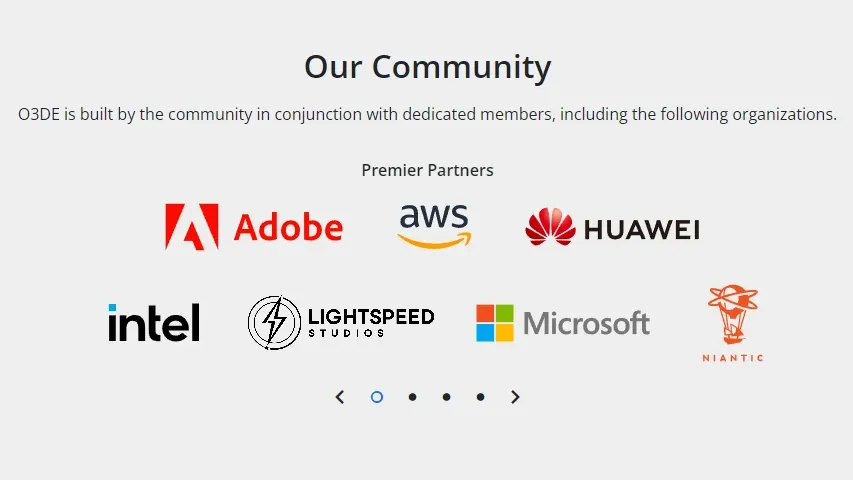 A list of O3DE members, including Adobe, Huawei, Intel, and Microsoft