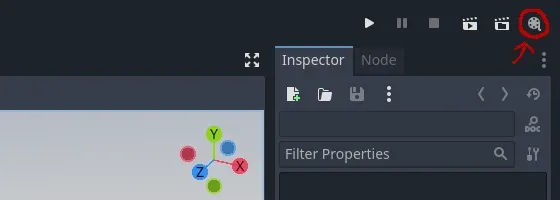A screenshot of the Godot Editor, highlighting the icon to enable Movie Maker mode