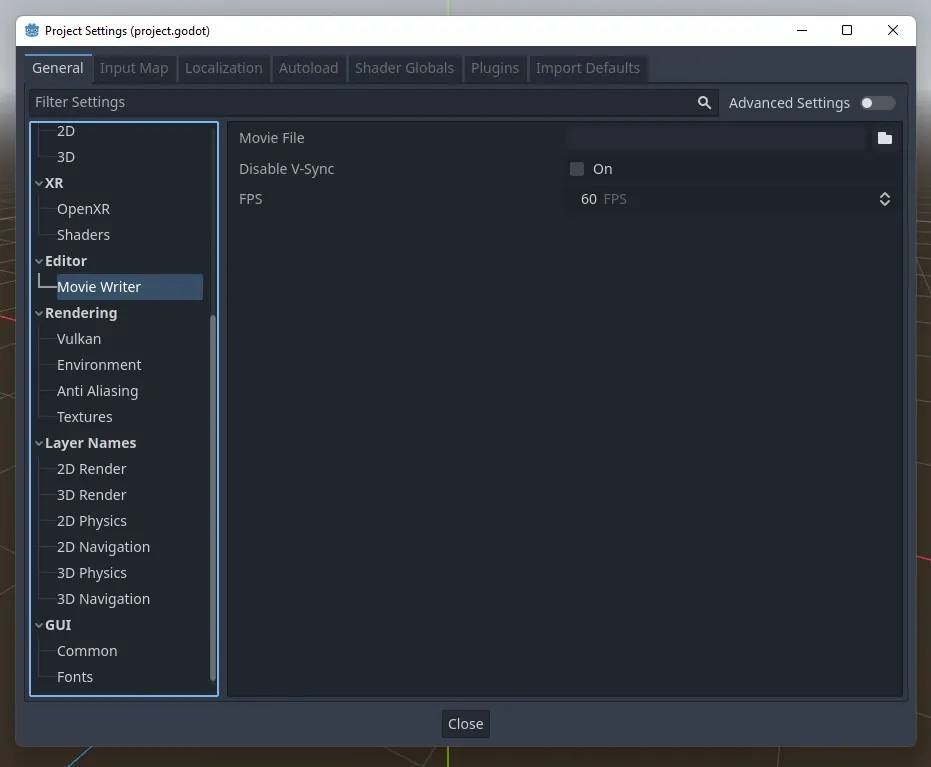 A screenshot of the Godot Project Settings window, showing the Editor - Movie Writer page