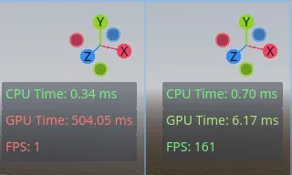 Left: Godot 4 Vulkan running in software mode at 1 fps. Right: Godot 4 OpenGL running at 161 fps