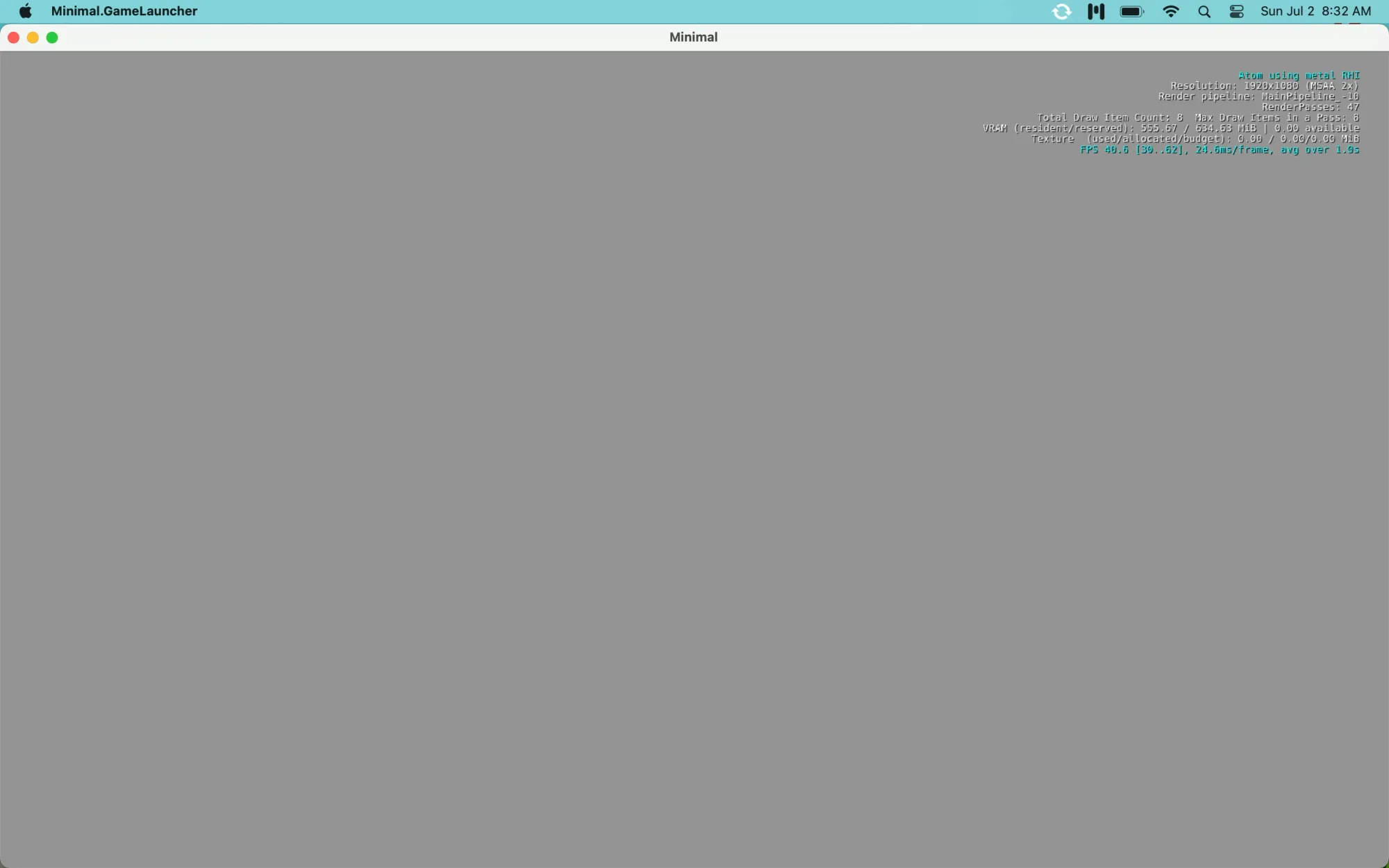 Screenshot of the Minimal project running on macOS, displaying debug information above a blank gray screen.