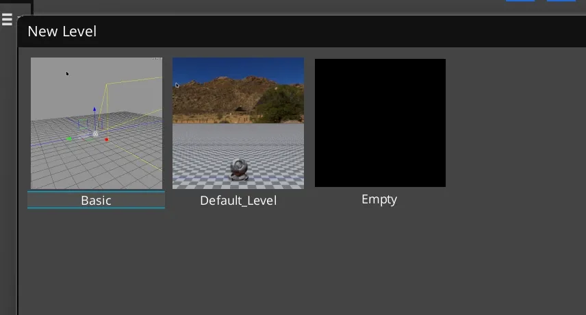 A screenshot of the New Level dialog box in O3DE 24.09, showing level templates called "Basic", "Default_Level", and "Empty".