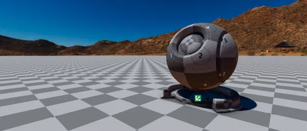A shader ball sits on a checkerboard pattern in front of a desert panorama