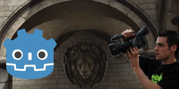 A poorly photoshopped image of a hot European dude taking a video of the Godot Logo at the Sponza level