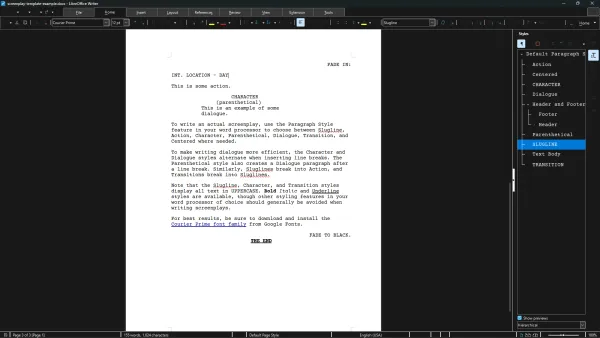 A screenshot of the SpicyChicken.Club screenplay template open in LibreOffice Writer for Windows