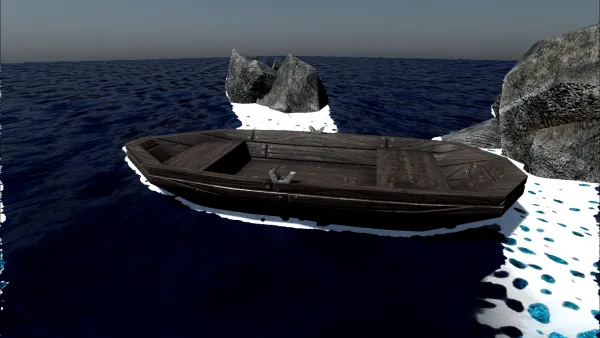 A screenshot of a small wooden boat floating in a vast ocean, next to some large rocks