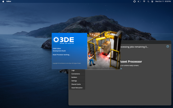 A screenshot of the O3DE 23.10 Editor splash screen and Asset Processor running on macOS 14