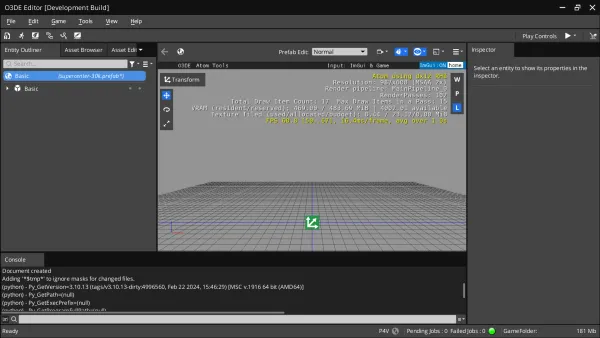 A screenshot of O3DE 24.09 Development, showing the Editor with a simple grid object rendered against a solid background.